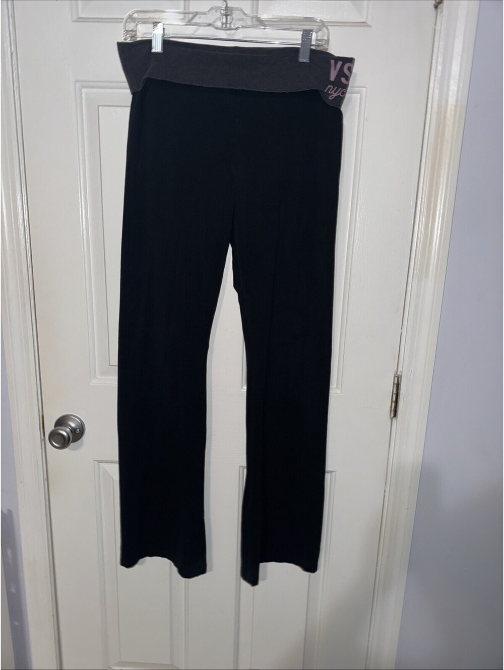 Victorias Secret Womens Size Large Long Black Yoga Pants Fold Over Gray Waist